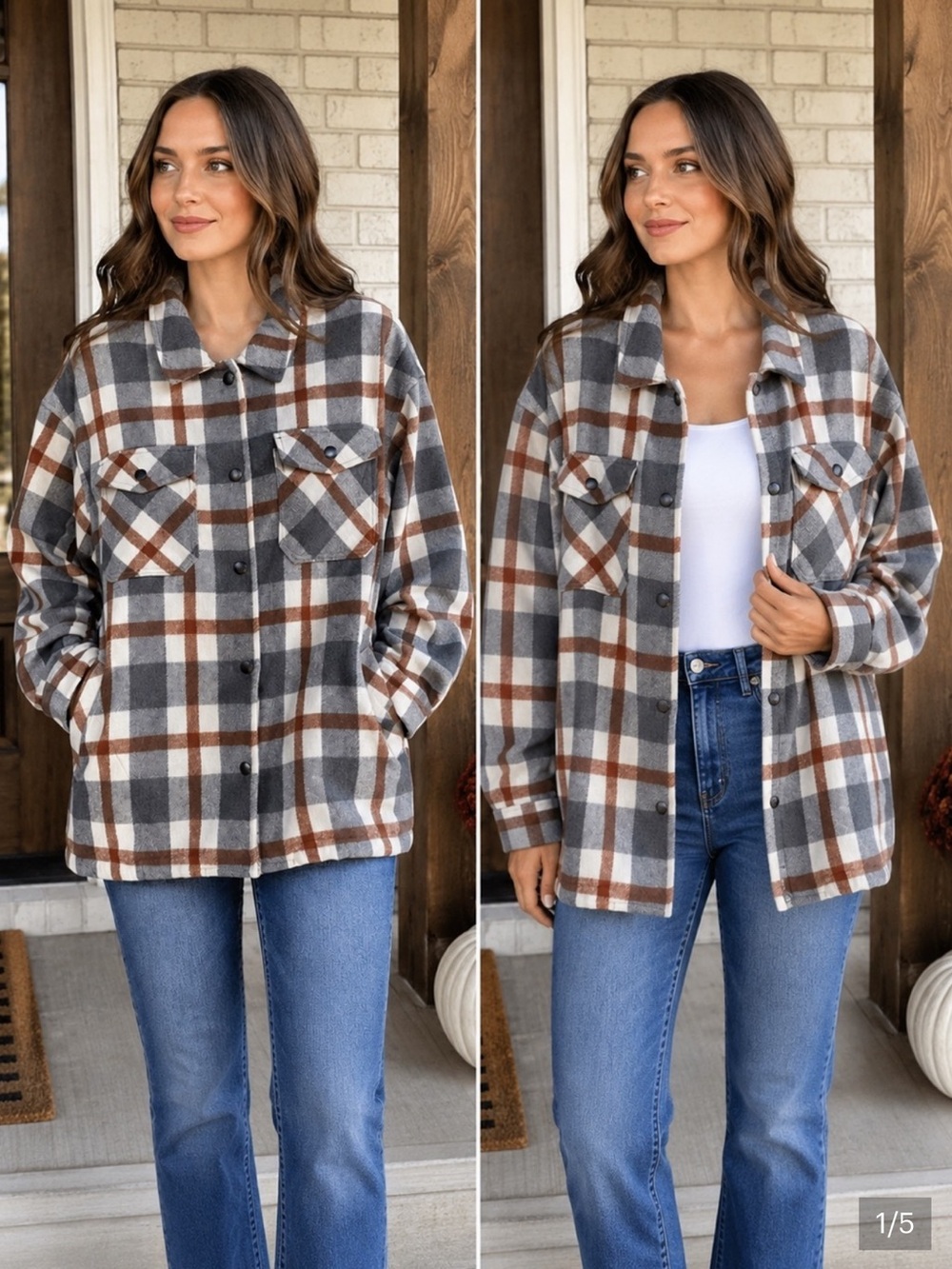HFX Plaid Flannel Shacket Jacket Neutral Gray Rust Brown Womens Small S/M EUC